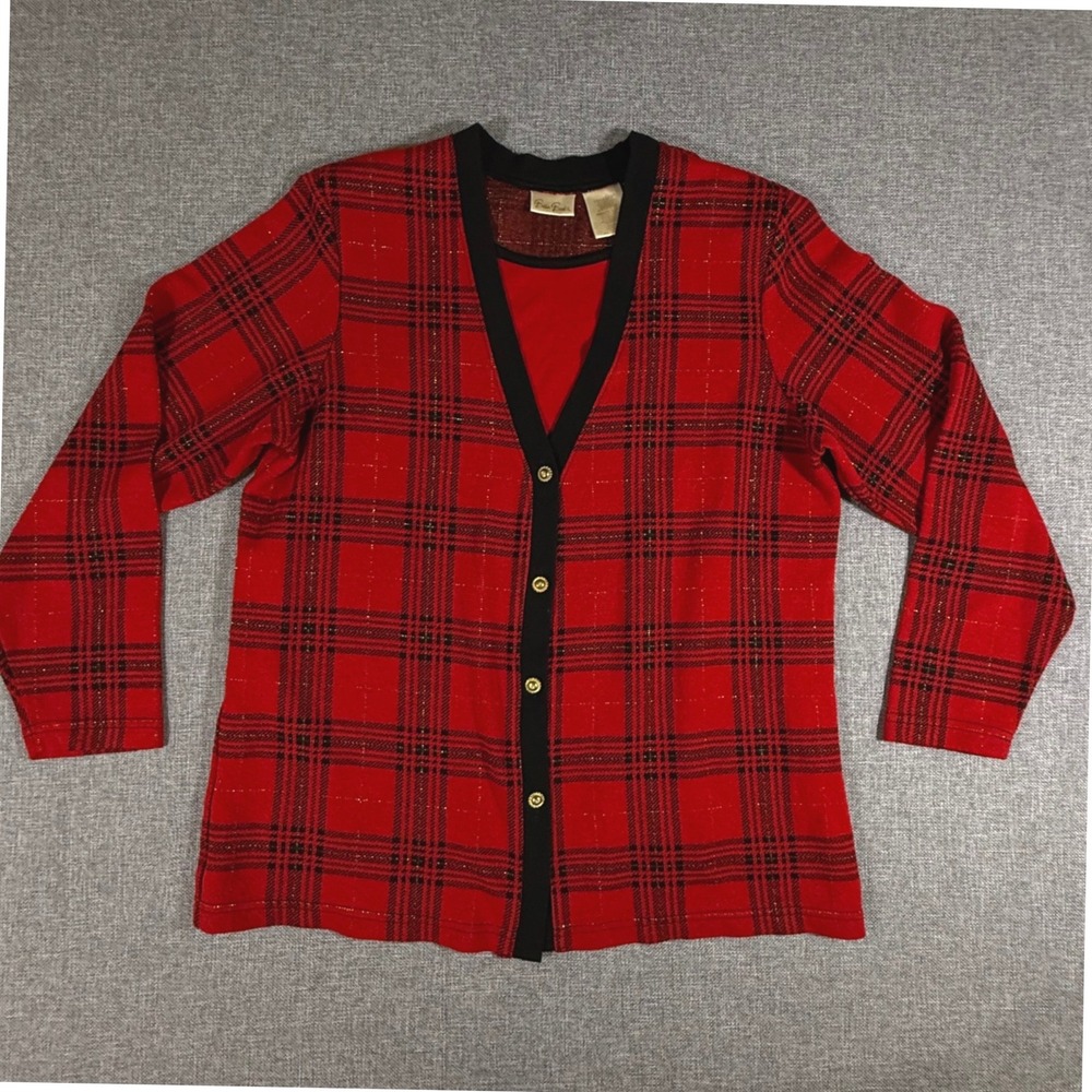 VTG Bobbie Brooks Cardigan Women L 12/14 Red Plaid Metallic Holiday Festive Top